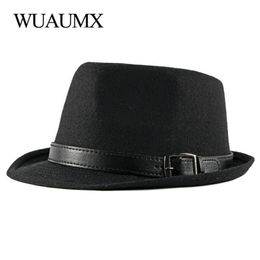 WUAUMX Otoño Invierno Jazz Retro Jazz Men Fuel Futoras Fedoras para macho Solid Trilby Panamá Bowler Black Brim297W