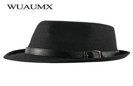 WUAUMX Autumn Winter Retro Jazz Hats van middelbare leeftijd Men voelden Fedoras Cap voor mannelijke Solid Trilby Panama Hat Black Bowler Wide Brim4343997