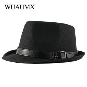 Wuaumx Herfst Winter Retro Jazz Hoeden Middelbare Leeftijd Mannen Vilt Fedora Cap Voor Mannelijke Effen Trilby Panamahoed Zwart bowler Brede Brim235G