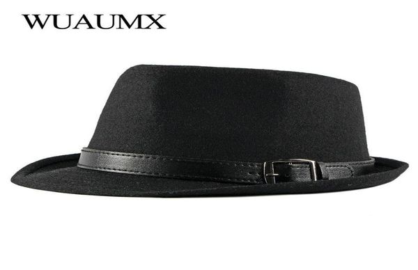 Wuaumx automne hiver rétro jazz chapeaux moyens des hommes d'âge moyen ressentis le capuchon de fedoras pour masculin solide trilby panama chapeau noir melon large brim4343997