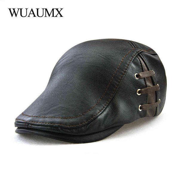 Wuaumx Haute Qualité Automne Hiver Pu En Cuir Béret Chapeaux Pour Hommes Faux En Cuir Béret Chapeau Avec Anneau Hommes Visière Casquette Plate En Gros J220722