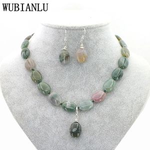 WUBIANLU Dames Hanger Ketting Oorbellen Sieraden Set Natuursteen 13X18mm Rode Robijnen Agaat Jade Opaal Ovale Kraal T218 240115