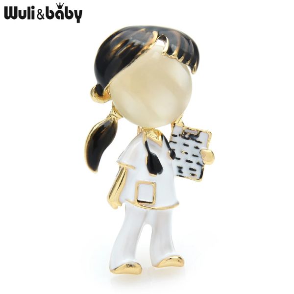 Wulibaby Black Brown Hair Doctor Enfermera Broches para Mujeres Unisex Hospital Figura Figura Partido Broche Pin regalos