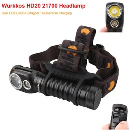 Wurkkos HD20 Faro recargable 21700 Faro 2000lm Doble LED LH351D XPL USB Carga inversa Luz de campo de trabajo trasera magnética 240127