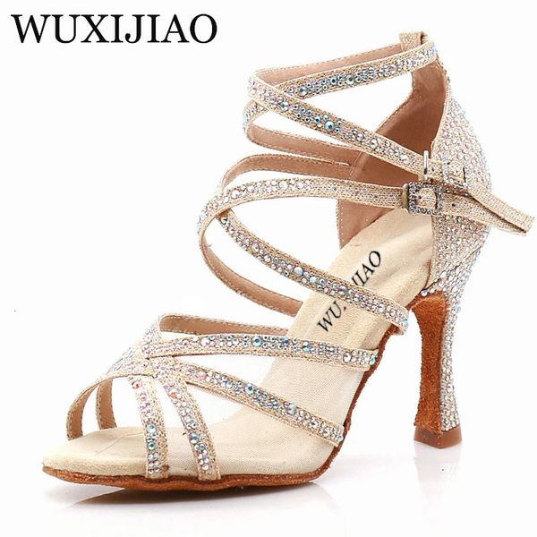 Wuxijiao chaussures de danse latin femme salsa satin chaussures de danse satin glitter strats de danse professionnelle chaussures de danse salon de ballon doux 240520