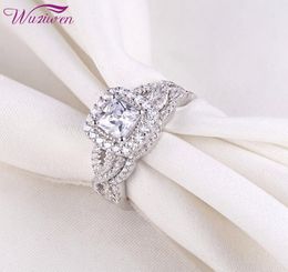Wuziwen 2 PCS 925 Ring de compromiso de boda de plata esterlina Joya clásica para mujeres 14CT Princess Cut Zircon BR0715 Y14069393