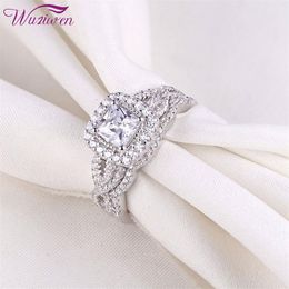 Wuziwen 2 piezas de plata de ley 925 anillo de compromiso de boda conjunto nupcial joyería clásica para mujeres 1/4 quilates circón de corte princesa BR0715 Y1211T