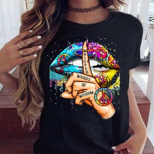 WVIOCE labios acuarela gráfico camiseta labio mujeres Tops cuello redondo Sexy negro camisetas beso labio divertido verano mujer suave camiseta 9180 X0527