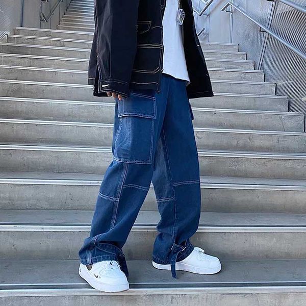 Wvyo Jeans pour hommes hommes pantalons denim de jambe large lâche baisse bandage homme hip hop streetwear skateboard neutre pantalon denim jean cargo d240417