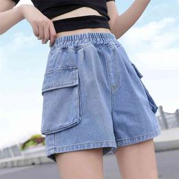 WWENN Plus Size Summer Women's Denim Shorts Grote 5xl Blue High Waisted Pocket elastische taille Jeans for Women 210.507