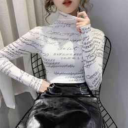 Wwenn Print Letter Tops Doodle T-shirt Lente Vintage Vrouwen Hoge Hals Lange Mouw Stretchy Tee Shirt Femme Casual Winter Clothes 210507