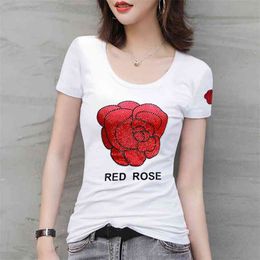 Wwenn zomer Koreaanse kleding katoenen t-shirt rode roos diamanten transparante vrouwen tops shirt korte mouw elastische tees 210507