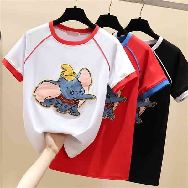 WWENN t-shirt femmes Kawaii vêtements été à manches courtes rouge coton t-shirt hauts Applique éléphant t-shirt Femme blanc 210507