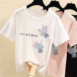 Wwenn Tshirt Vrouwen Zomer Kleren Koreaanse Wit Vintage Tops T-shirt Roze Kralen Pailletten Tee Shirt Korte Mouw Mode 210507