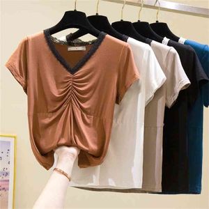 Wwenn Vrouwen V-hals Zwart Tee Shirt Femme Korte Mouw T-shirt Tops Tshirt Zomer Katoenen Kant Patchwork Fold T-shirt 210507