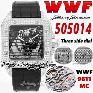 WWF WWF505014 A9611MC Montre automatique pour homme en acier avec boîtier en diamant Design ours Trois en un Cadran rabattable Marqueurs romains Bracelet en cuir 2022 Super Edition Montres d'éternité