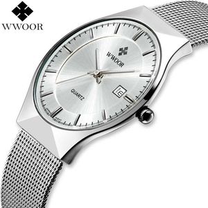 Wwoor merk mannen horloges quartz analoge datum japan beweging ultra dun waterbestendig staal mesh slank mannelijk polshorloge zilver voor mannen x0625