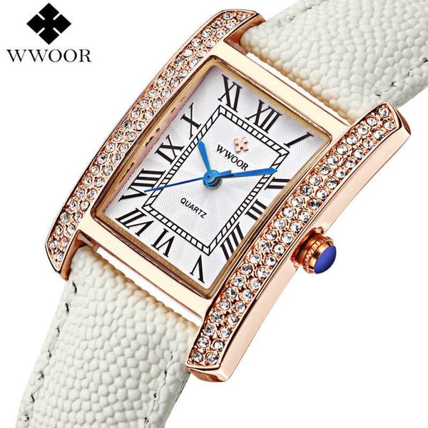 Reloj de vestir con diamantes WWOOR para mujer, relojes de cuero cuadrados de oro rosa de marca de lujo para mujer, reloj de pulsera de cuarzo analógico para mujer, reloj 210527