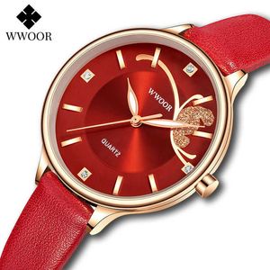 Wwoor Fashion Ladies Watch for Women Casual Red Leather Robes Watches Top Brand Luxury Crystal Female Quartz Gift 210527