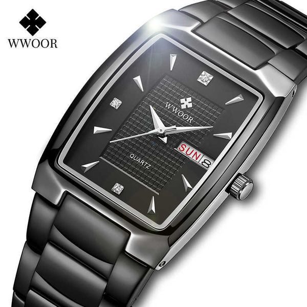 Wwoor Fashion Square Full Black Watch para mujeres Vestido de diamantes de lujo Ladies Relojes de pulsera de cuarzo Reloj de diseñador Montre Femme 210527