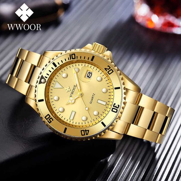 WWOOR Or Plein Acier Plongée Hommes montres De Luxe Analogique Quartz Sport Montre Mâle Lumineux Étanche Auto Date Plongée Montre Boîte 210527