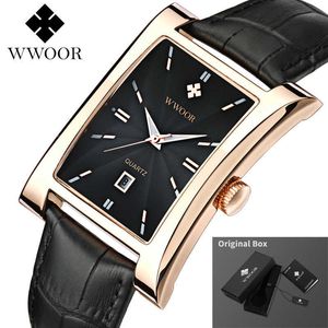 WWOOR Marque de luxe Gold Black Mens Square Montres Homme Affichage Date Montre Véritable Cuir Business Quartz Montre-bracelet Homme Cadeaux 210527