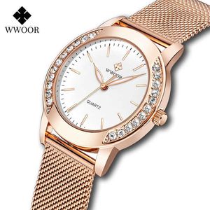 WWOOR Luxe Diamond Dames Horloges Topmerk Mode Dames Quartz Pols Rose Gold Mesh Band Armband voor 210616