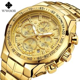 WWOOR luxe or hommes montre haut de gamme Sport grandes montres pour hommes étanche Quartz Date montre-bracelet chronographe mâle Reloj Hombre T263m