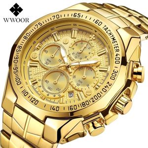 WWOOR luxe or hommes montre haut de gamme Sport grandes montres pour hommes étanche Quartz Date montre-bracelet chronographe mâle Reloj Hombre T220p