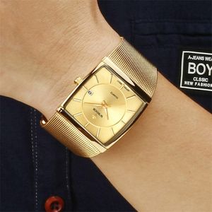 Wwoor Luxury Gold Watches for Men Square Quartz Bekijk Slim Steel Mesh Waterdichte datum Polshorloge Men Top Gift Relogio Masculino 210310 265J