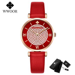 Wwoor luxe kleine wijzerplaat vrouwen horloges jurk diamanten polshorloge voor vrouwen rood lederen kwarts waterdichte klok cadeau vrouwelijke horloge 210527