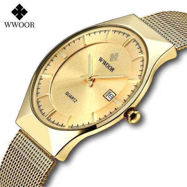 WWOOR Luxe Ultra Mince Hommes Quartz Montres Étanche Casual Sport Mesh Acier Or Automatique Date Montre Relogio Masculino 210527