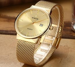 Wwoor Men Simple Slim Watches Luxury Brand Gold Steel Mesh Ultra Thin Imperproof Date Date Montre Golden Clock With Box Pack 220324570268