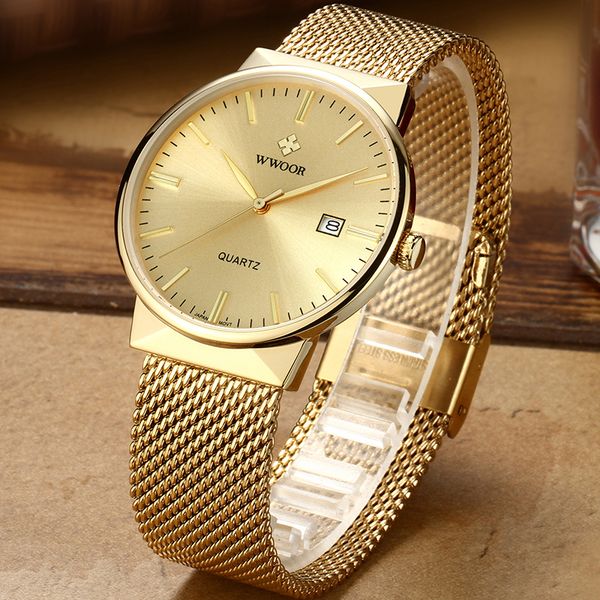 WWOOR, relojes delgados simples para hombres, marca de lujo, malla de acero dorado, reloj de pulsera ultrafino resistente al agua con fecha, reloj dorado con caja, paquete 220329
