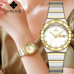 Wwoor mujer mode blanc diamant dames watch top marque luxury poignet femme simple habiller petit relogio féminino 240428