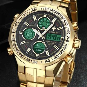 Wwoor relogio masculino digitale led gouden horloge mannen topmerk luxe gouden roestvrij staal waterdichte polshorloges voor mannen 210527