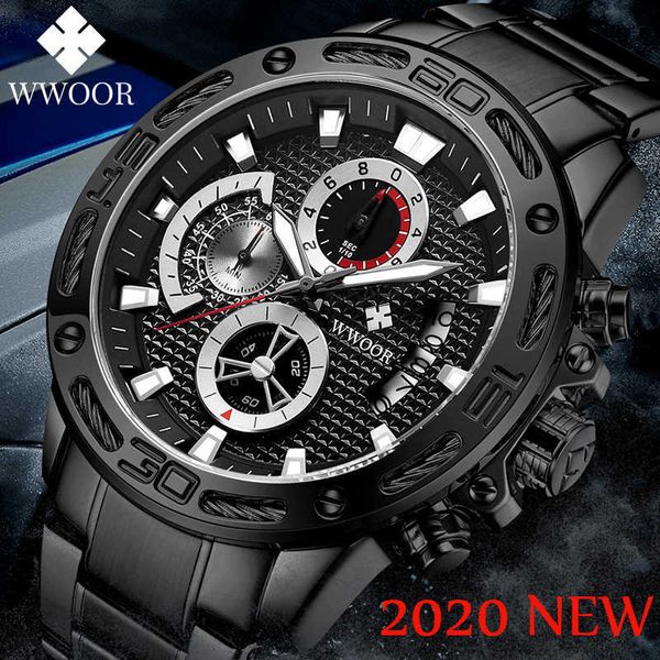 WWOOR Sport Grandes Montres Hommes Top Marque De Luxe Noir Chronographe Étanche Plein Acier Quartz Montre-Bracelet Pour Hommes Xfcs 210527