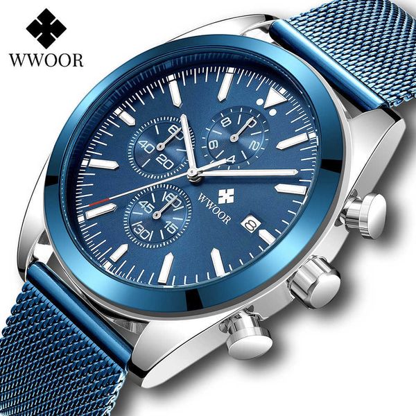 WWOOR, relojes deportivos de negocios para Hombre, Reloj de pulsera de cuarzo de malla de acero azul de lujo, cronógrafo de moda resistente al agua, Reloj para Hombre 210527