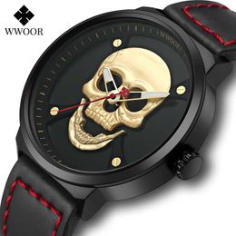 Wwoor Sports Waterdichte Lederen Horloges Heren Luxe Goud Cool 3D Skull Heren Quartz Polshorloge Mode Big Dial Reloj Hombre 210527