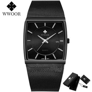 Wwoor Top Brand Luxury Black Square Watches for Men Slimproofing Slim Date Wristwatch mâle en acier Mesh Celon Quartz Corloge analogique Men 210527 242K