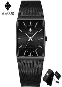 Wwoor Top Brand Luxury Black Square Watches for Men Slimproofing Slim Date Wristwatch Male en acier mâle CEULLE DE CEINTURE ANALOG