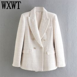 WXWT femmes solide Tweed Double boutonnage Blazer manteau à manches longues poches survêtement femme printemps hauts CD8395 220402