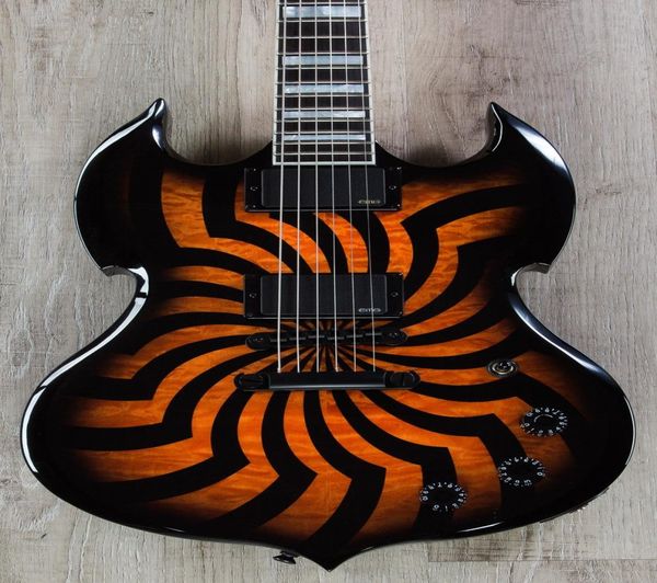 Wylde Audio Bárbaro Hellfire Negro Black Buzzsaw Orange Acolchado Maple Top SG Electric Guitar Bloque Grande