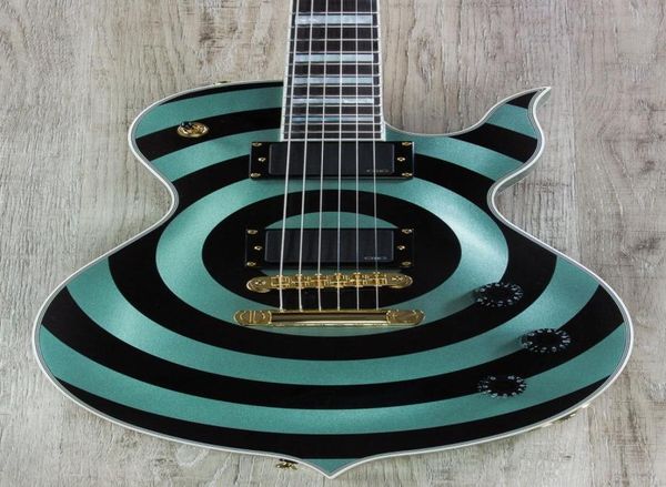 Wylde Audio Odin Grail Gangrene Metallic Green W Black Bullseye Guitarra eléctrica Diapasón de ébano MOP Incrustación de bloque grande Little 8161222