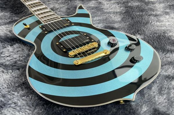 Wylde Audio Odin Grail Zakk Bleu métallisé Bullseye Guitare électrique MOP Grand bloc incrustation Matériel doré Grover Tuners Chine EMG 5461848