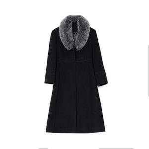 Wywan winter wollen jas vrouwen zwarte wollen taille bontkraag losse mode jas 211018