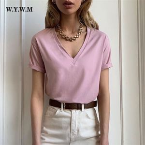 WYWM Summer Knitted Women T Shirt Short Sleeve Basic Solid Kintwear Tee V-neck Harajuku Cotton Korean Cusual Female Top 210623