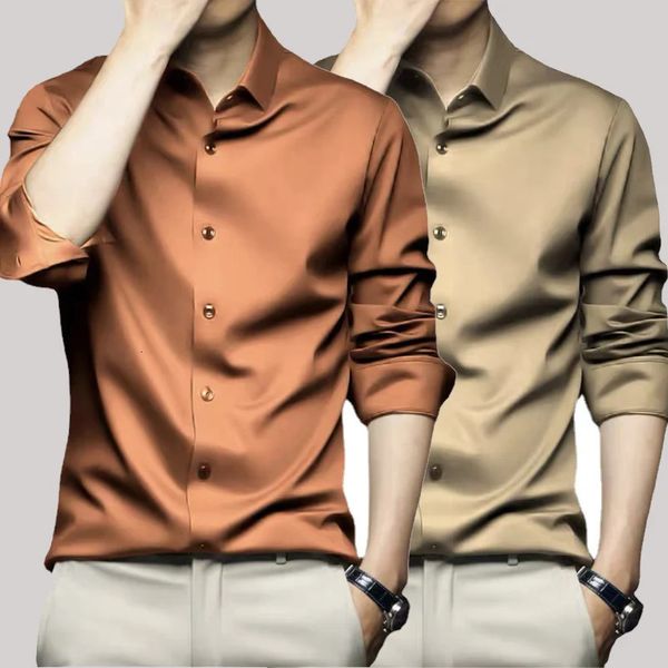 X-6xl Orange Mens à manches longues Luxury plissée et non fermée Business Solid Casual Dress Shirt 240425