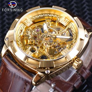 x Forsining 2018 Royal Golden Flower Correa de cuero marrón transparente Hombres Reloj creativo Reloj masculino Reloj de pulsera mecánico impermeable 290I