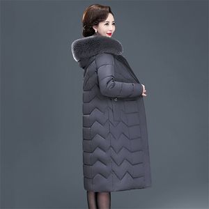 X-long femmes manteaux mince bureau dames solide femmes veste d'hiver à capuche avec col en fourrure épais coton rembourré Parkas 211008
